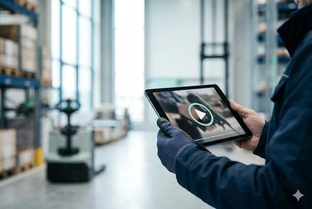 Medarbejder ser en instruktionsvideo på en tablet i et lager