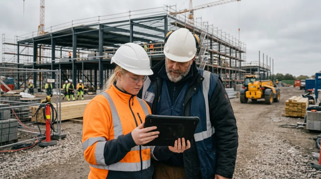 Erfaren formand viser en ny medarbejder en instruktion på en tablet på en dansk byggeplads