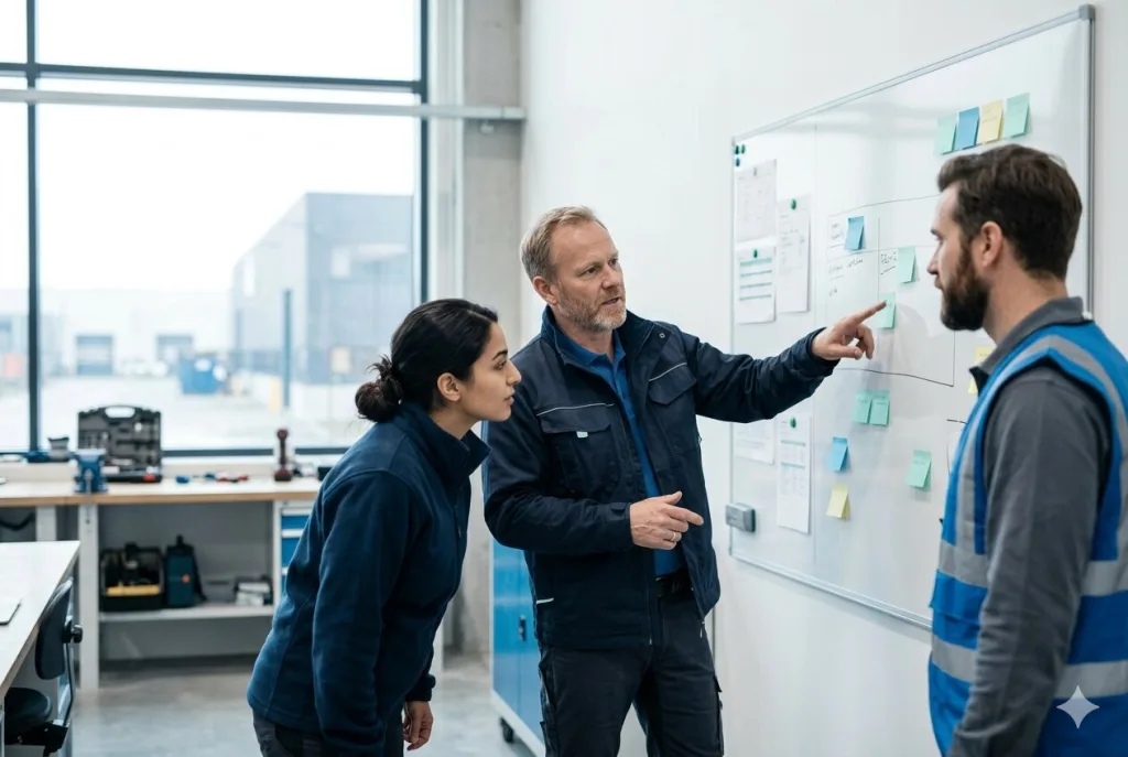 Tre medarbejdere gennemgår ugens plan ved et whiteboard i værkstedet