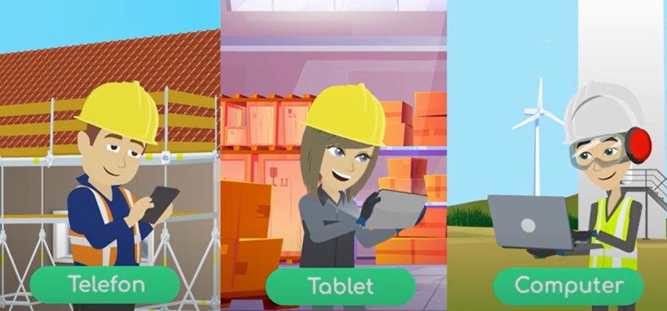 Instruktionsvideoer set på telefon, tablet og computer af tre medarbejdere på arbejde