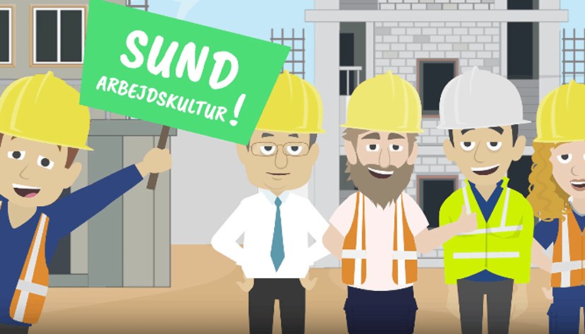 Still fra instruktionsvideo til byggeriet: fem tegnede bygningsarbejdere med hjelme foran et byggeri, en holder et skilt med teksten Sund arbejdskultur