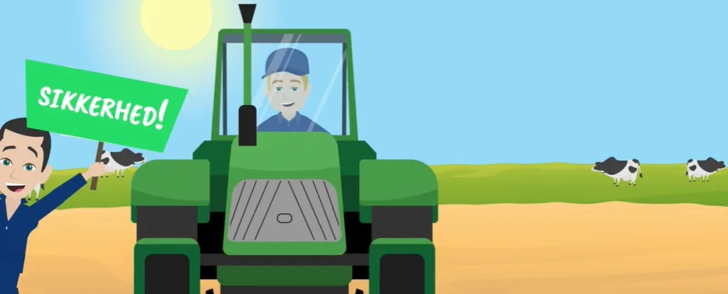 Still fra instruktionsvideo til landbruget: tegnet landmand i grøn traktor på marken, en anden holder et skilt med teksten Sikkerhed