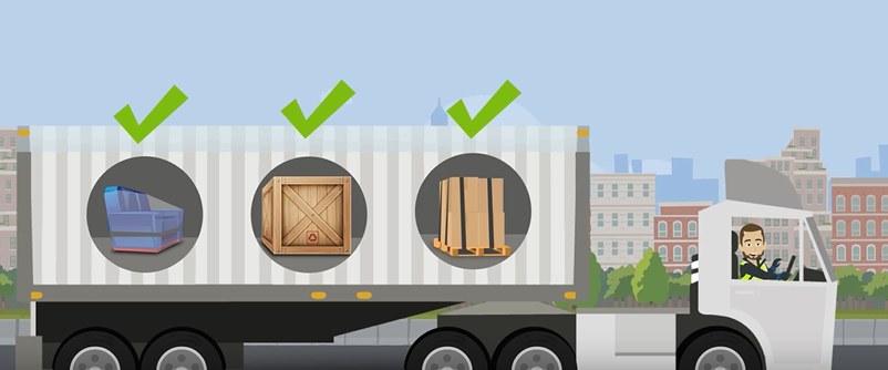 Still fra instruktionsvideo til transport: tegnet lastbil med korrekt surret last, chaufføren sidder i førerhuset