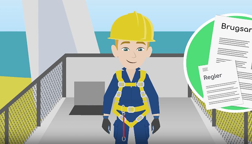 Still fra instruktionsvideo til vindbranchen: tegnet montør med hjelm og faldsele på en platform, ved siden af dokumenter med regler og brugsanvisning