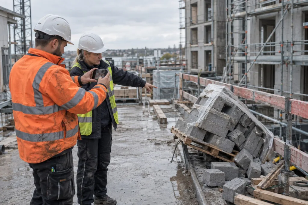 To kolleger på en byggeplads fotograferer en væltet palle med betonblokke efter en nærved ulykke