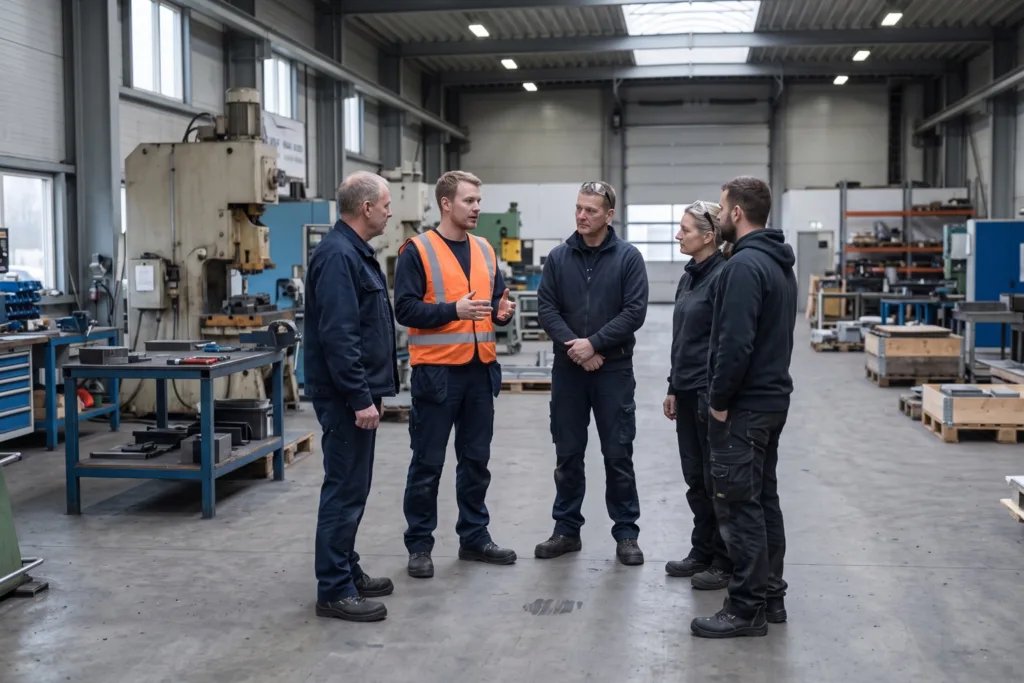 Arbejdsmiljørepræsentant i orange vest taler med lederen og kolleger i en produktionshal