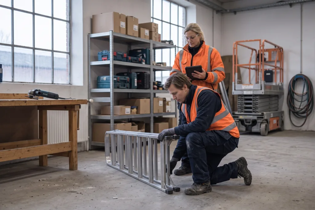 Håndværker tjekker trin og fødder på en aluminiumsstige før brug, mens en kollega noterer på en tablet