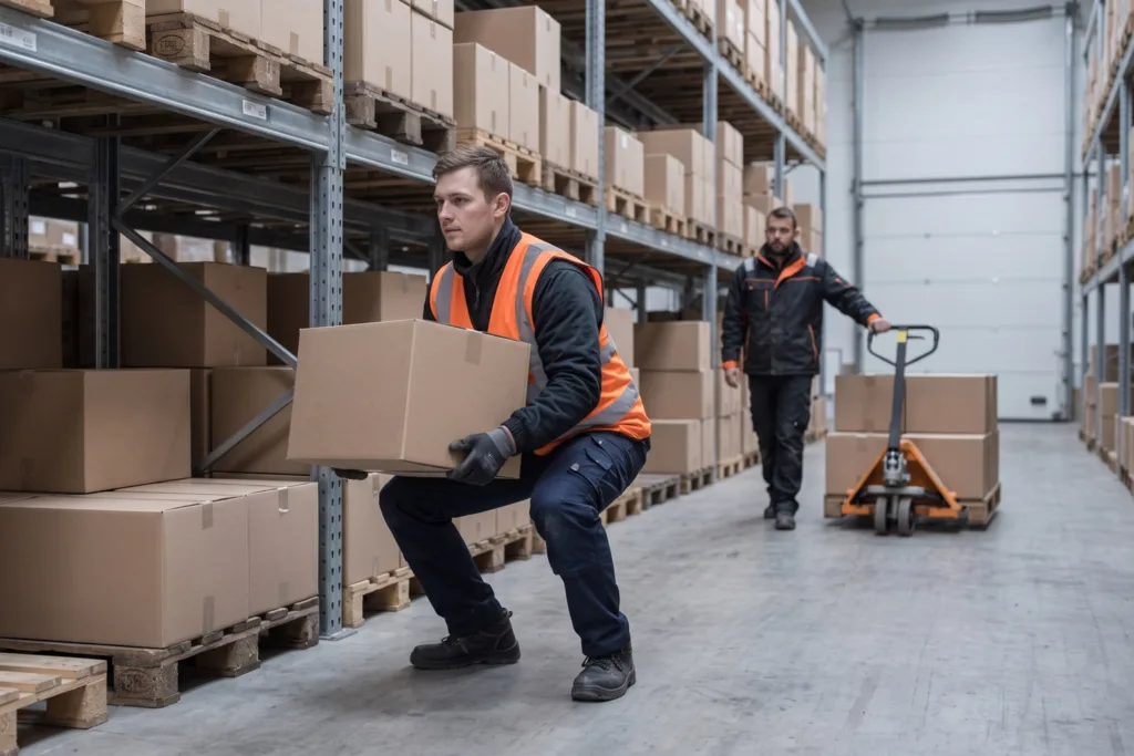 Lagermedarbejder løfter en kasse tæt ind til kroppen med bøjede knæ, mens en kollega trækker en palleløfter